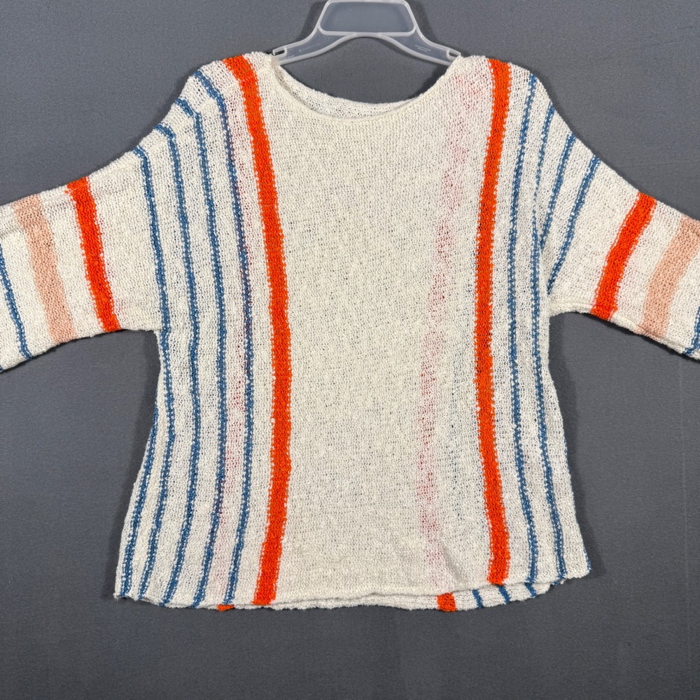 Vintage Sweater Women L Cream Orange Striped Hand Knit Boucle Retro Pullover